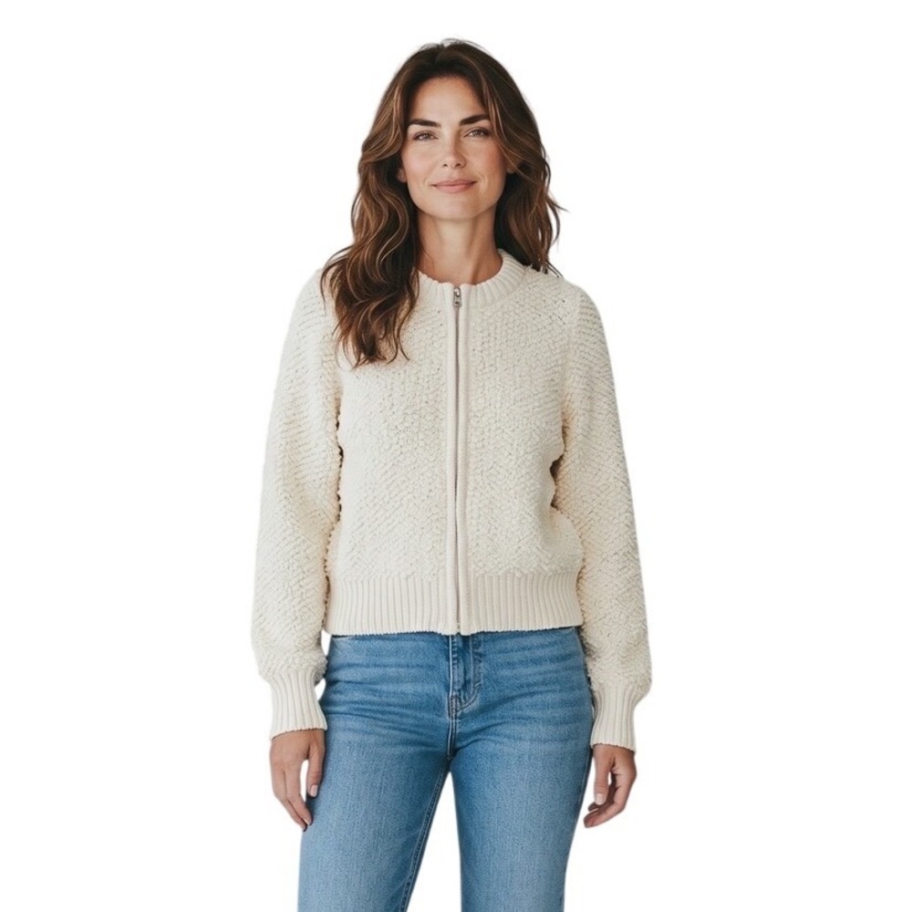 Cotton On Womens Shaggy Crew Texture Cardigan Stone White Full Zip Sweater L NEW